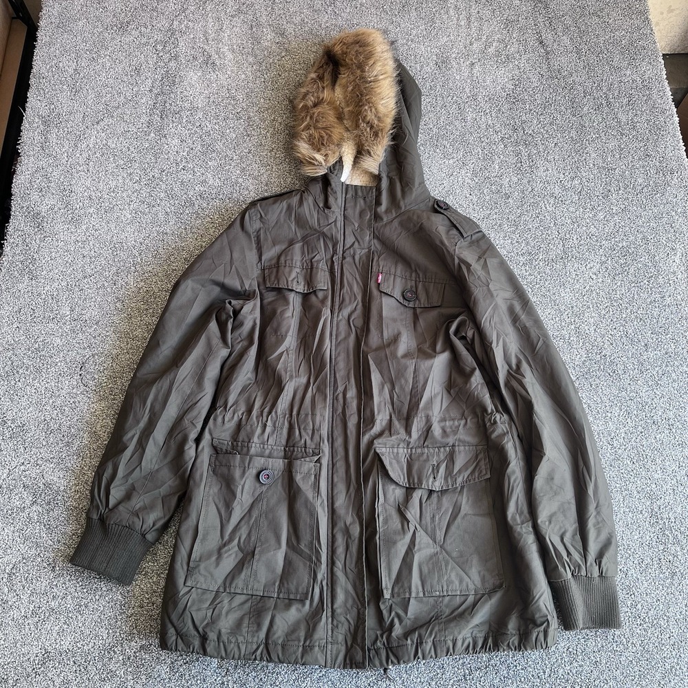 Levi’s Women’s Sherpa Lined Hooded Parka Jacket Faux Fur Olive Green M Utility